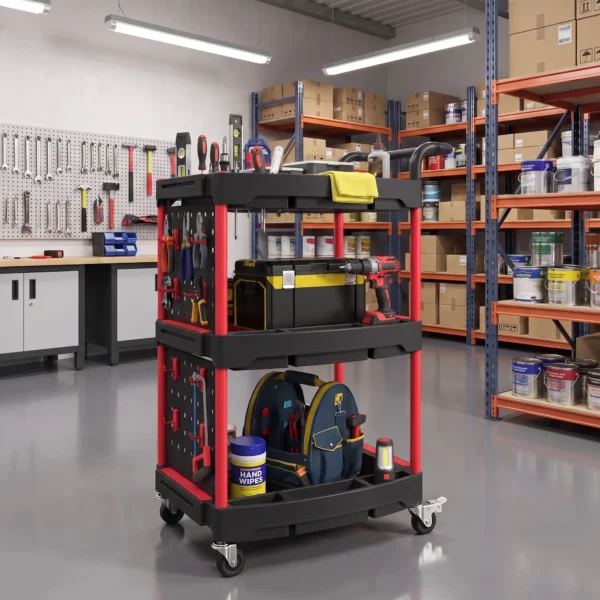 Gereedschapswagen Met 3 Niveaus, Geperforeerde Wand En Haken, Verrijdbare Werkplaatswagen Met Remmen, Zwart/Rood