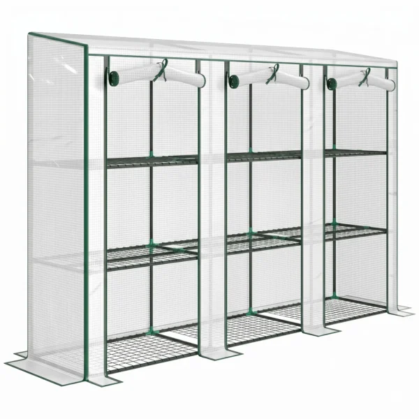Gewächshaus Mit 3 Reißverschlusstüren 3 stufige Regale, Stahl Anlehngewächshaus 215 X 46 X 151 Cm Weiß