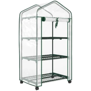 Gewächshaus Mit Aufrollbarer Reißverschlusstür 3 stufige Regale Rädern, Stahl 69 X 49 X 130 Cm Transparent