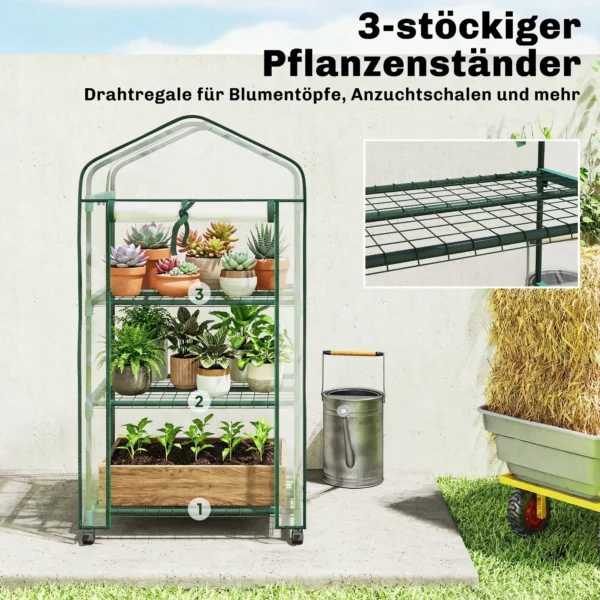 Gewächshaus Mit Aufrollbarer Reißverschlusstür 3 stufige Regale Rädern, Stahl 69 X 49 X 130 Cm Transparent