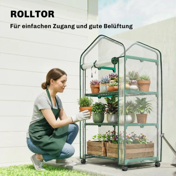 Gewächshaus Mit Aufrollbarer Reißverschlusstür 3 stufige Regale Rädern, Stahl 69 X 49 X 130 Cm Transparent