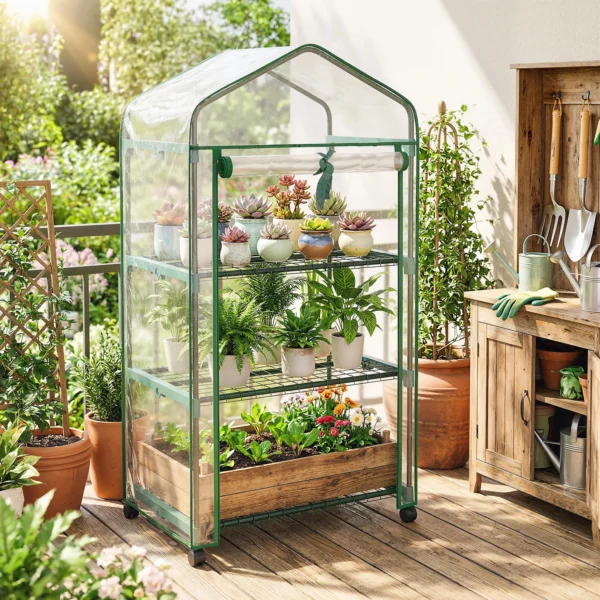 Gewächshaus Mit Aufrollbarer Reißverschlusstür 3 stufige Regale Rädern, Stahl 69 X 49 X 130 Cm Transparent