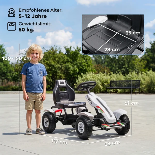Gokart Trapauto Met Handrem, Verstelbare Zitplaats, Voor En Achteruitversnelling, Tot 50kg Voor Kinderen Van 5 12 Jaar Wit