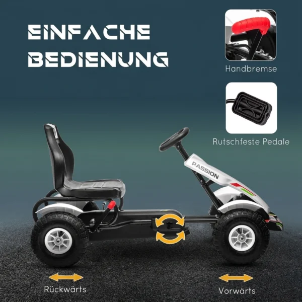 Gokart Trapauto Met Handrem, Verstelbare Zitplaats, Voor En Achteruitversnelling, Tot 50kg Voor Kinderen Van 5 12 Jaar Wit