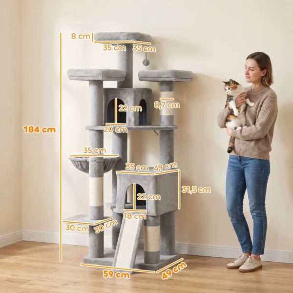 Grote Krabpaal 184 Cm Hoog Met 3 Krabstammen Ligvlakken Speelbal Hangmat Ladder, Katten Onder 6 Kg