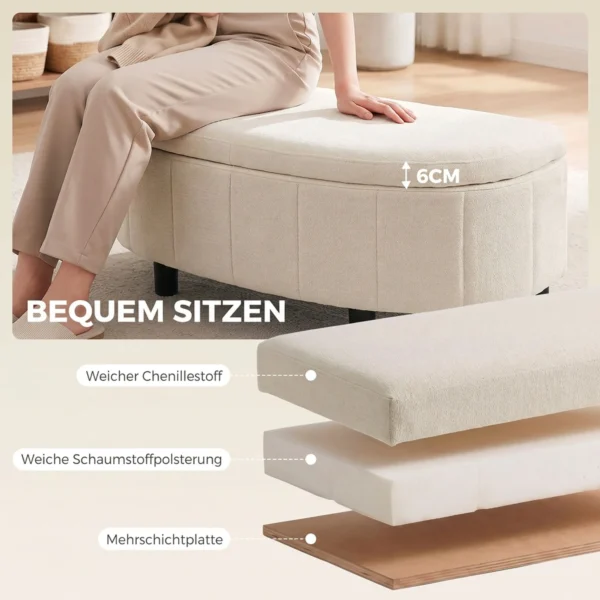 Halbrunde Sitzbank Aus Chenille Mit Stauraum Und Hydraulischem Klappdeckel, Bis 220 Kg, Cremeweiß