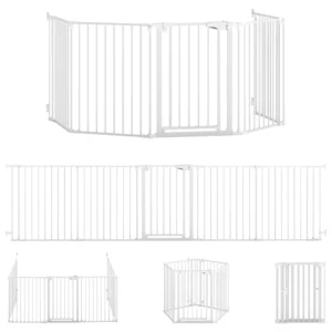 Haustierzaun, 5 Panel Barriere Mit Tür, Faltbar, Für Kleine & Mittelgroße Hunde, Kunststoff, Kohlenstoffstahl, Nylon, Weiß