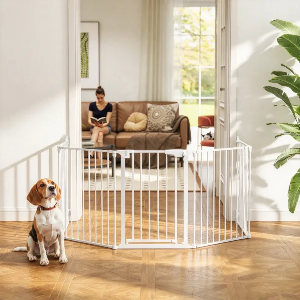 Haustierzaun, 5 Panel Barriere Mit Tür, Faltbar, Für Kleine & Mittelgroße Hunde, Kunststoff, Kohlenstoffstahl, Nylon, Weiß