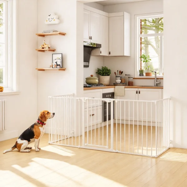 Haustierzaun, 5 Panel Barriere Mit Tür, Faltbar, Für Kleine & Mittelgroße Hunde, Kunststoff, Kohlenstoffstahl, Nylon, Weiß