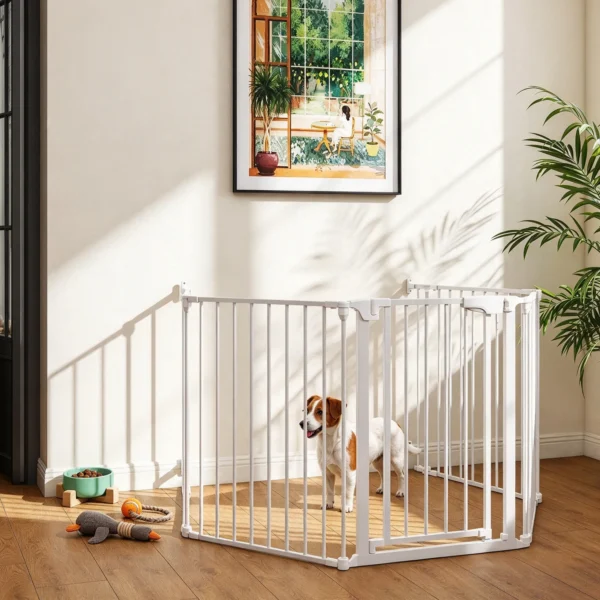 Haustierzaun, 5 Panel Barriere Mit Tür, Faltbar, Für Kleine & Mittelgroße Hunde, Kunststoff, Kohlenstoffstahl, Nylon, Weiß