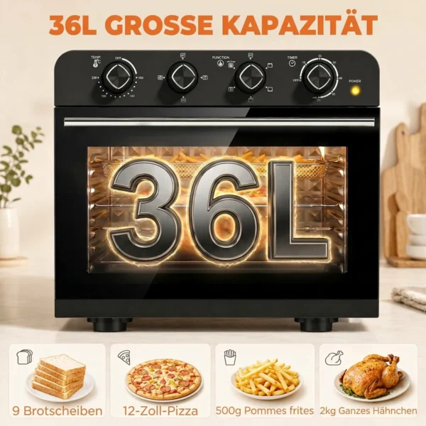 Heteluchtfriteuse oven Met Convectie En Draaispitset, Temperatuurregelaar, Timer, 1800 W
