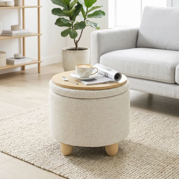 Hocker Met Opbergruimte, Ronde Zithocker Met Deksel, Linnenlook Voor Woonkamer, Slaapkamer, 38,5x38,5x33,5 Cm Beige