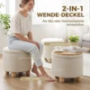 Hocker Met Opbergruimte, Ronde Zithocker Met Deksel, Linnenlook Voor Woonkamer, Slaapkamer, 38,5x38,5x33,5 Cm Beige