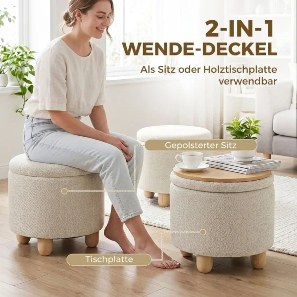 Hocker Met Opbergruimte, Ronde Zithocker Met Deksel, Linnenlook Voor Woonkamer, Slaapkamer, 38,5x38,5x33,5 Cm Beige