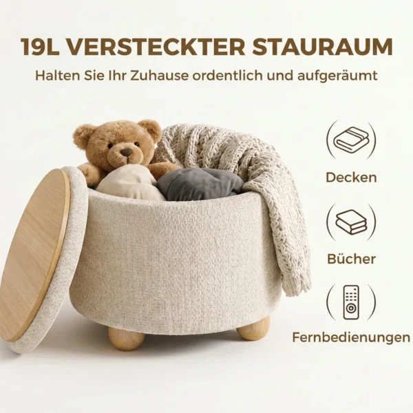 Hocker Met Opbergruimte, Ronde Zithocker Met Deksel, Linnenlook Voor Woonkamer, Slaapkamer, 38,5x38,5x33,5 Cm Beige
