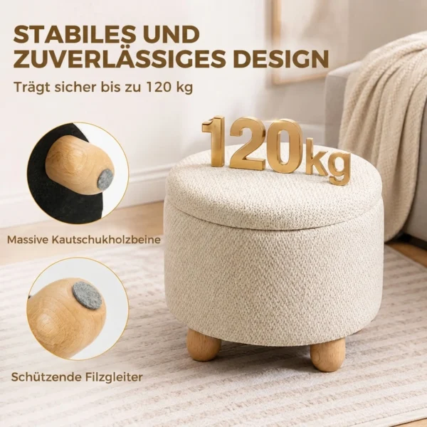 Hocker Met Opbergruimte, Ronde Zithocker Met Deksel, Linnenlook Voor Woonkamer, Slaapkamer, 38,5x38,5x33,5 Cm Beige