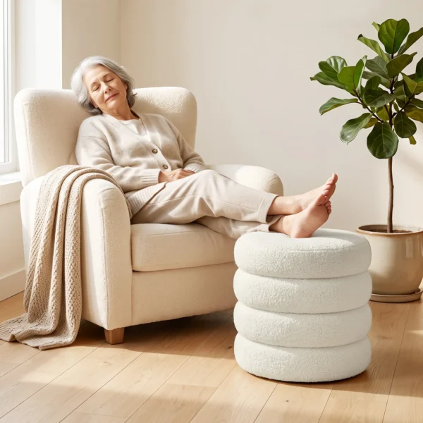 Hocker, Rond, Teddyfleece, Tot 120kg, Φ40x45H Cm, Wit