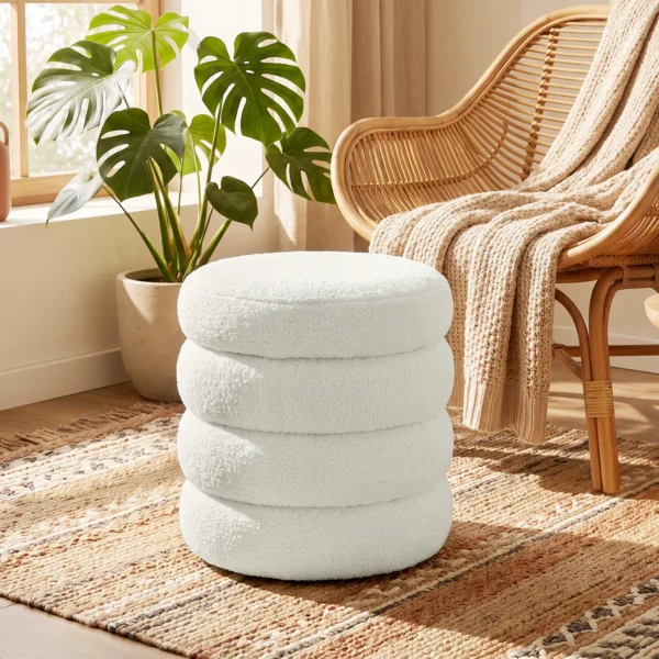 Hocker, Rond, Teddyfleece, Tot 120kg, Φ40x45H Cm, Wit