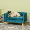 Hondensofa Hondenbed Hondenbank Van Fluweel Met Rugleuning, Houten Poten, Kussen, Tot 8 Kg 64 X 45 X 36 Cm Blauw