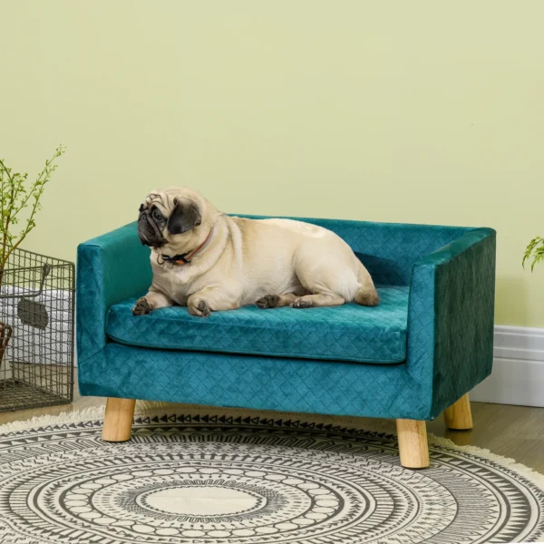 Hondensofa Hondenbed Hondenbank Van Fluweel Met Rugleuning, Houten Poten, Kussen, Tot 8 Kg 64 X 45 X 36 Cm Blauw