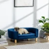 Hondensofa Hondenbed Van Nederlandse Fluweel Hondenbank Met Rugleuning, Houten Poten, Kussen Blauw