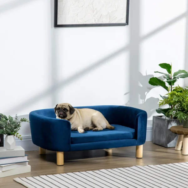 Hondensofa Hondenbed Van Nederlandse Fluweel Hondenbank Met Rugleuning, Houten Poten, Kussen Blauw