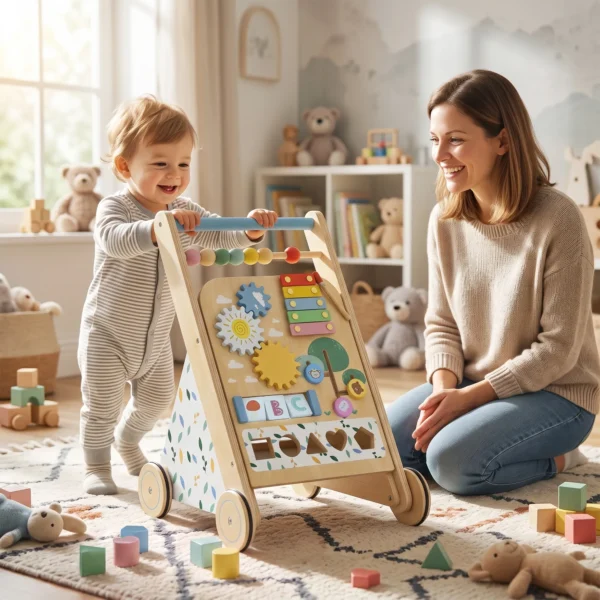 Houten Baby Loopwagen Loopondersteuning Met Wielen, Verstelbare Snelheid, Bouwblokken Voor Peuters Vanaf 18 Maanden
