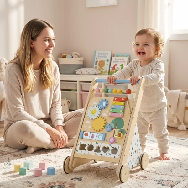 Houten Baby Loopwagen Loopondersteuning Met Wielen, Verstelbare Snelheid, Bouwblokken Voor Peuters Vanaf 18 Maanden