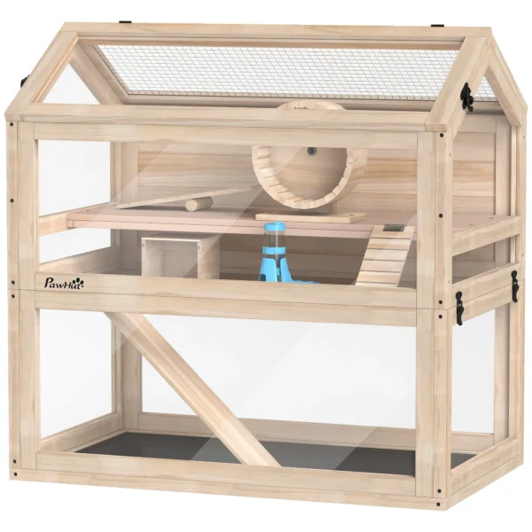 Houten Hamsterkooi Met 3 Verdiepingen 76 X 45,5 X 77 Cm Knaagdierkooi Kleine Dierenkooi Met Afneembare Schaal Acrylplaat Loopwiel