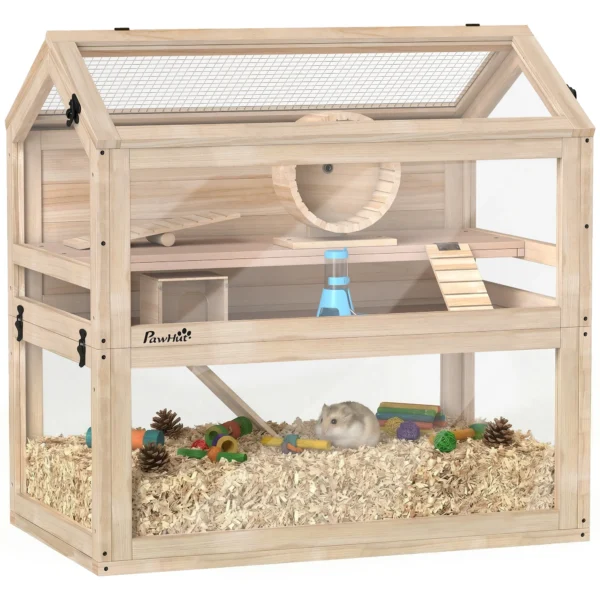 Houten Hamsterkooi Met 3 Verdiepingen 76 X 45,5 X 77 Cm Knaagdierkooi Kleine Dierenkooi Met Afneembare Schaal Acrylplaat Loopwiel