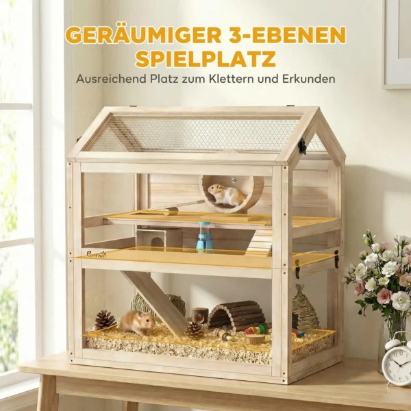 Houten Hamsterkooi Met 3 Verdiepingen 76 X 45,5 X 77 Cm Knaagdierkooi Kleine Dierenkooi Met Afneembare Schaal Acrylplaat Loopwiel