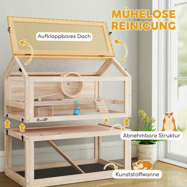Houten Hamsterkooi Met 3 Verdiepingen 76 X 45,5 X 77 Cm Knaagdierkooi Kleine Dierenkooi Met Afneembare Schaal Acrylplaat Loopwiel