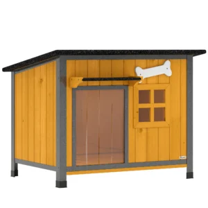 Houten Hondenhok Buiten Met Openklapbaar Asfaltdak, Uitneembare Vloer, Deurgordijn, Stalen Frame 84,5x62x65cm