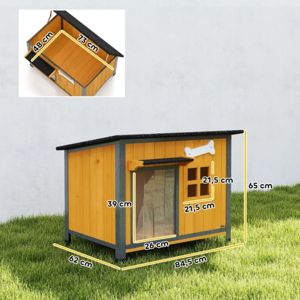 Houten Hondenhok Buiten Met Openklapbaar Asfaltdak, Uitneembare Vloer, Deurgordijn, Stalen Frame 84,5x62x65cm