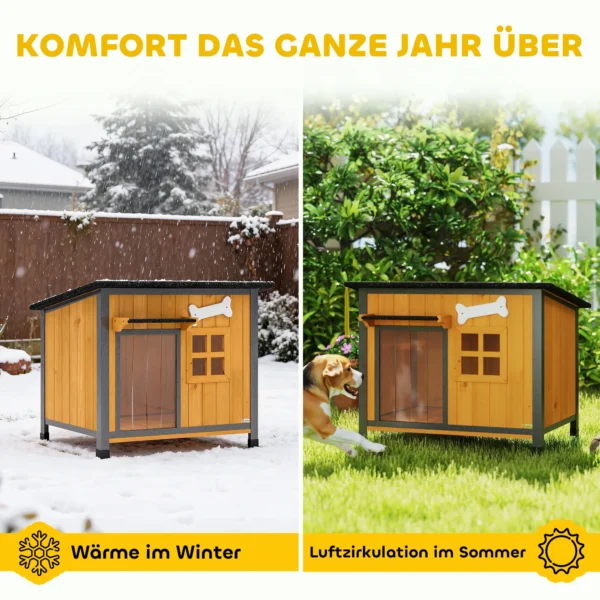 Houten Hondenhok Buiten Met Openklapbaar Asfaltdak, Uitneembare Vloer, Deurgordijn, Stalen Frame 84,5x62x65cm