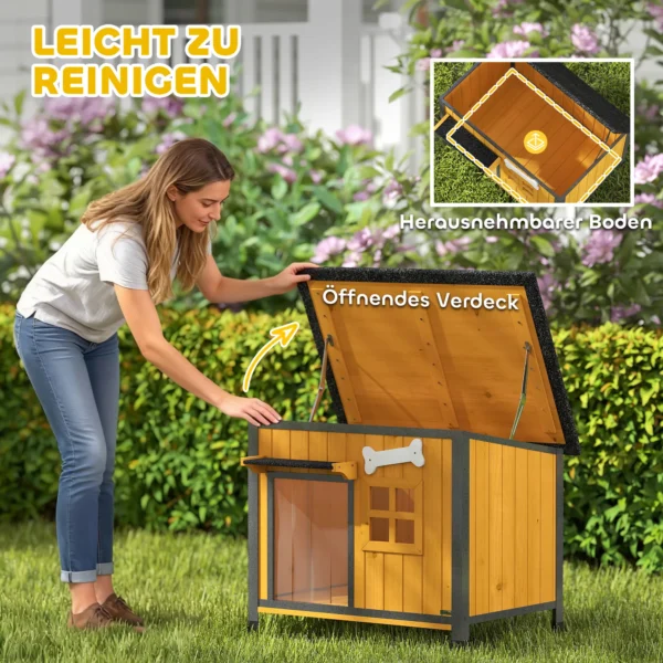 Houten Hondenhok Buiten Met Openklapbaar Asfaltdak, Uitneembare Vloer, Deurgordijn, Stalen Frame 84,5x62x65cm