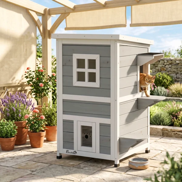 Houten Kattenhuis Met 2 Verdiepingen, Winterbestendig, Waterdicht, Kattenhut Met Asfaltdak, Trappen, Ramen, Kattengrot, Outdoor Schuilhut Voor Buiten, Tuin, Balkon 51 X 51 X 81,3 Cm Lichtgrijs