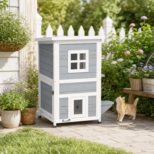 Houten Kattenhuis Met 2 Verdiepingen, Winterbestendig, Waterdicht, Kattenhut Met Asfaltdak, Trappen, Ramen, Kattengrot, Outdoor Schuilhut Voor Buiten, Tuin, Balkon 51 X 51 X 81,3 Cm Lichtgrijs