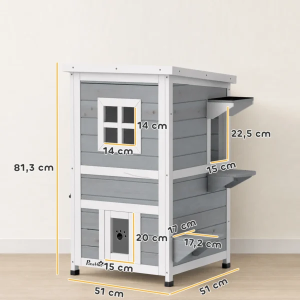 Houten Kattenhuis Met 2 Verdiepingen, Winterbestendig, Waterdicht, Kattenhut Met Asfaltdak, Trappen, Ramen, Kattengrot, Outdoor Schuilhut Voor Buiten, Tuin, Balkon 51 X 51 X 81,3 Cm Lichtgrijs