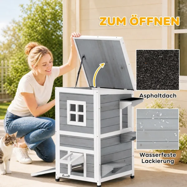 Houten Kattenhuis Met 2 Verdiepingen, Winterbestendig, Waterdicht, Kattenhut Met Asfaltdak, Trappen, Ramen, Kattengrot, Outdoor Schuilhut Voor Buiten, Tuin, Balkon 51 X 51 X 81,3 Cm Lichtgrijs