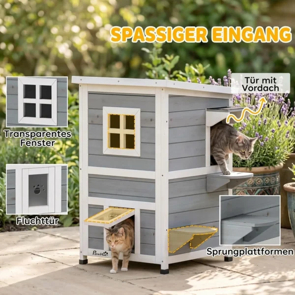 Houten Kattenhuis Met 2 Verdiepingen, Winterbestendig, Waterdicht, Kattenhut Met Asfaltdak, Trappen, Ramen, Kattengrot, Outdoor Schuilhut Voor Buiten, Tuin, Balkon 51 X 51 X 81,3 Cm Lichtgrijs