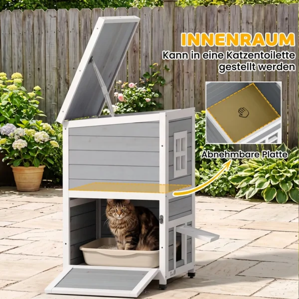 Houten Kattenhuis Met 2 Verdiepingen, Winterbestendig, Waterdicht, Kattenhut Met Asfaltdak, Trappen, Ramen, Kattengrot, Outdoor Schuilhut Voor Buiten, Tuin, Balkon 51 X 51 X 81,3 Cm Lichtgrijs