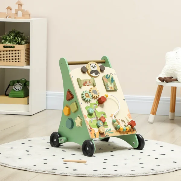 Houten Montessori Loopwagen Met Snelheidscontrole, Xylofoon, Tandwielen En Parel Labyrint Groen