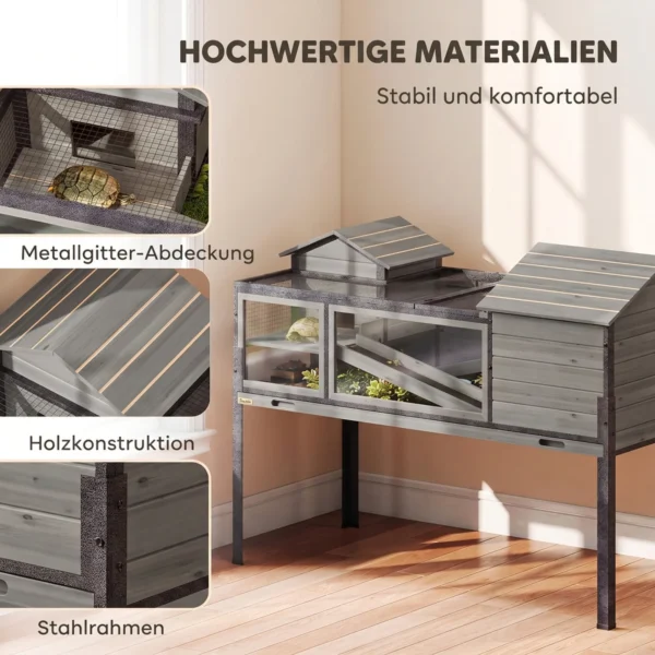 Houten Schildpaddenverblijf Met 2 Verdiepingen, Schildpaddenverblijf Met 2 Hoofdhuizen, Acrylvenster, Klapdak, Uittrekbare Bak, Grijs