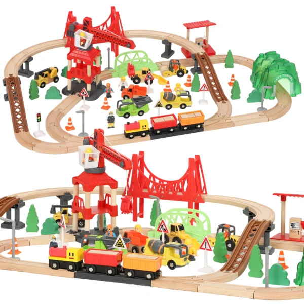 Houten Treinset 91 Delen Treinset Met Kraan, Treinen, Bouwvoertuigen, Rails Brug Voor Kinderen Vanaf 3 Jaar