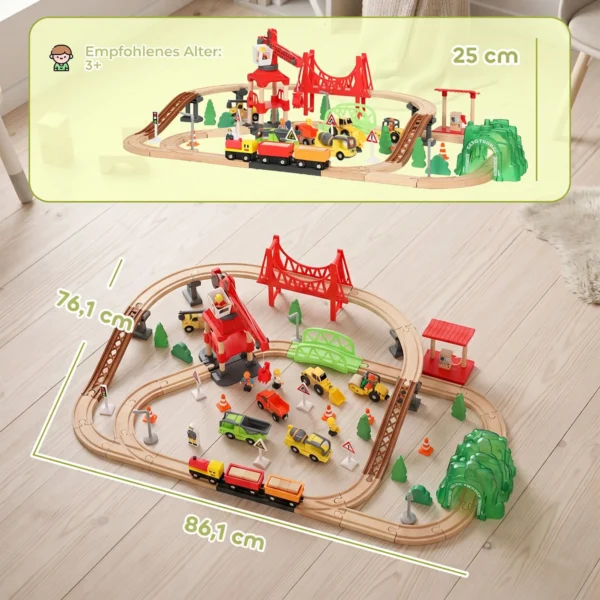Houten Treinset 91 Delen Treinset Met Kraan, Treinen, Bouwvoertuigen, Rails Brug Voor Kinderen Vanaf 3 Jaar