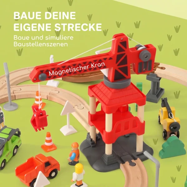 Houten Treinset 91 Delen Treinset Met Kraan, Treinen, Bouwvoertuigen, Rails Brug Voor Kinderen Vanaf 3 Jaar