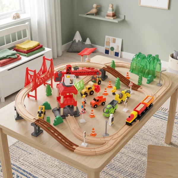 Houten Treinset 91 Delen Treinset Met Kraan, Treinen, Bouwvoertuigen, Rails Brug Voor Kinderen Vanaf 3 Jaar
