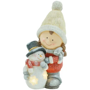 Kabouter Met Sneeuwpop, Tuinkabouter, 4 LED's, Op Batterijen, 25 X 18 X 45,5 Cm