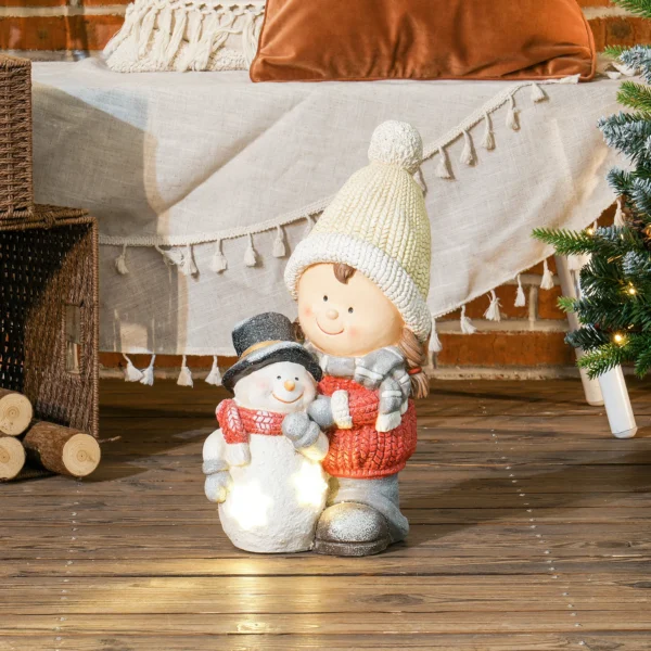 Kabouter Met Sneeuwpop, Tuinkabouter, 4 LED's, Op Batterijen, 25 X 18 X 45,5 Cm